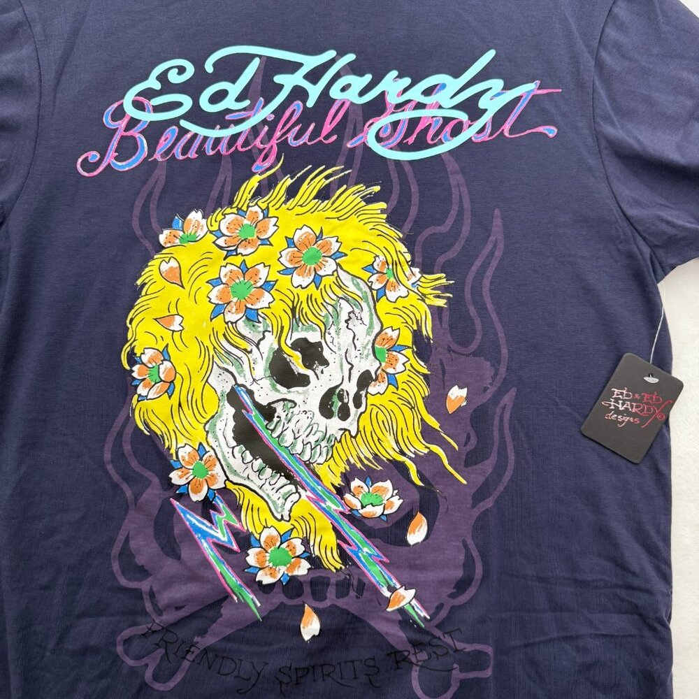 Ed Hardy T Shirt Mens M Blue Skull Beautiful Ghost Tattoo Y2K - Picture 2 of 6